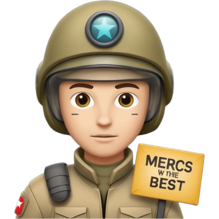 a scifi animated soldier holding a sign  text saying mercs we are the best in gif emoji