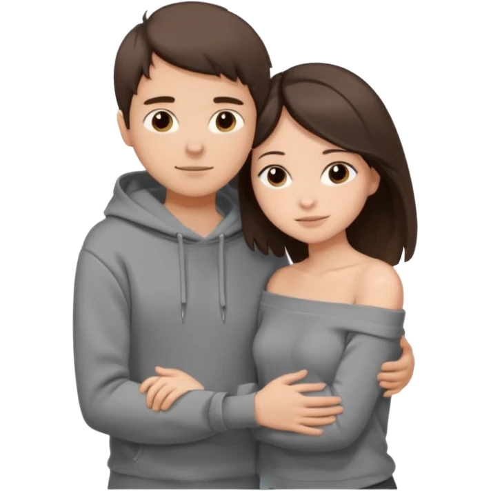 парень брюнет с короткой стрижкой в сером худи, обнимает девушку брюнетку с длинными прямыми волосами в коричневой кофте со спущенными плечами, emoji