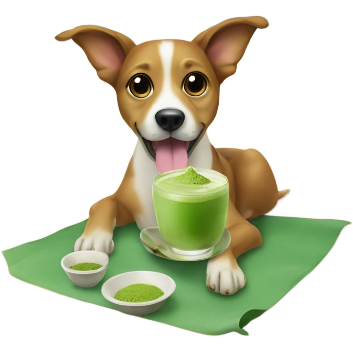 Dog with two legs drinking a matcha on the beach emoji