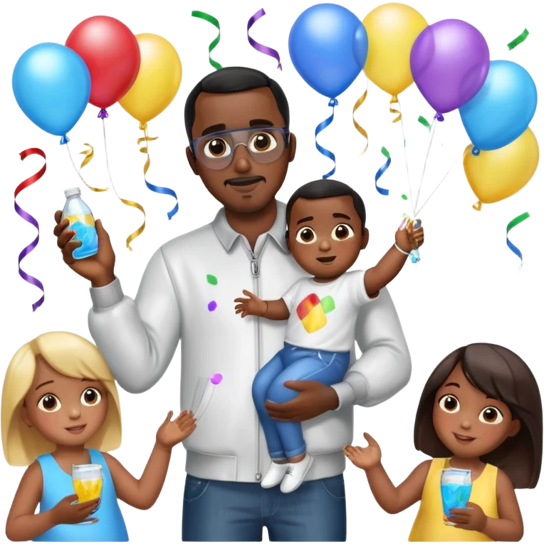 Diddy holding baby oil at a party with balloons and confetti and banners oiled up with kids oiled up emoji