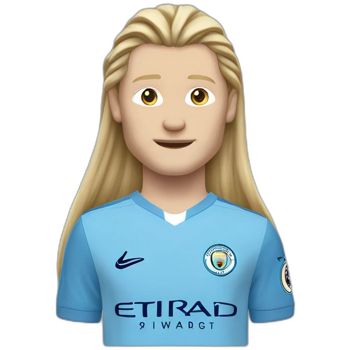 Realistic Erling Haaland has long hair, in a catogan. He is wearing Manchester City football shirt.It has the numéro 9 emoji