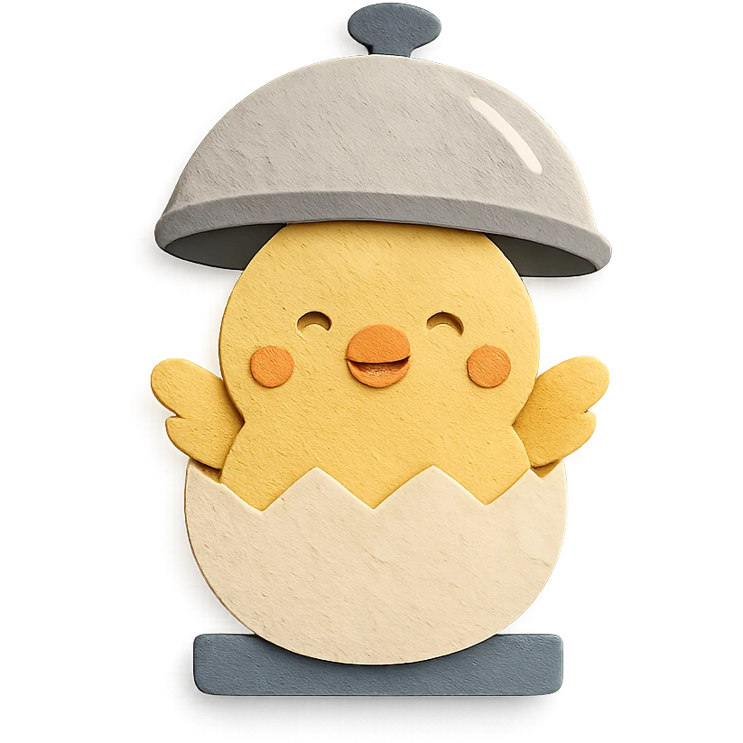 cute chick emerging from an egg cooker lid, smiling, soft yellow colors, full-body emoji