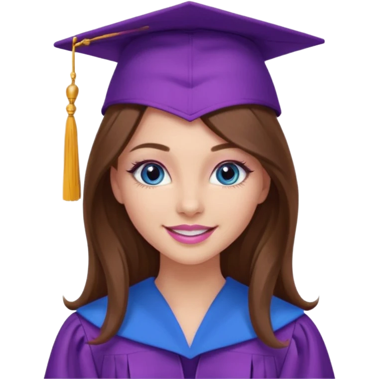 girl with gorgeous long brown hair, blue eyes, long lashes makeup, sexy pink lips, wearing a purple graduation cap and gown emoji
