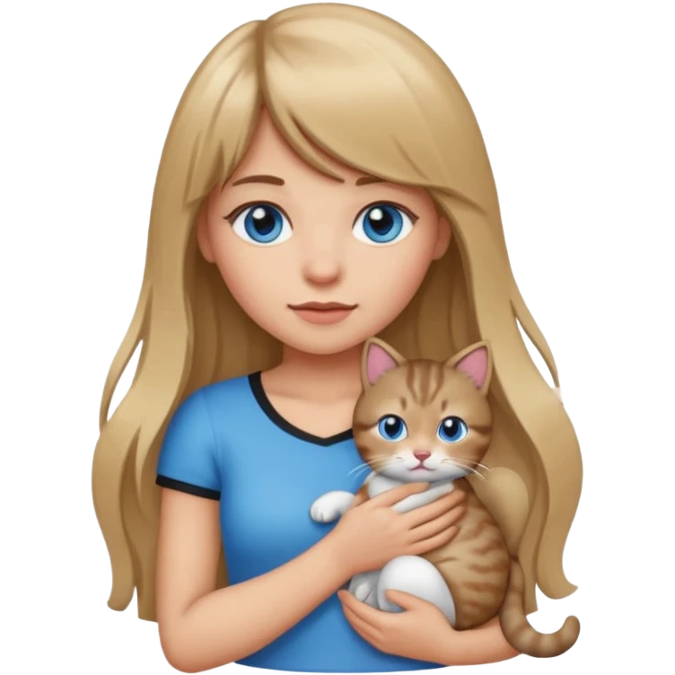 Apple-style emoji sticker of a young woman with long dark blond hair and bang, blue eyes , holding a kitty with black and white patch on her chest.  emoji