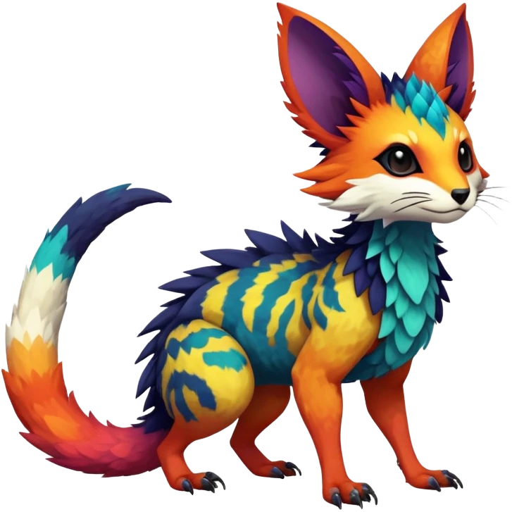 Rare realistic exotic edgy epic pretty beautiful handsome gorgeous aesthetic colorful vibrant Vernid-Trico-species-Fakemon-creature by LiLaiRa, 4 legs, 1 tail, random markings, tufted ears, (full body) emoji