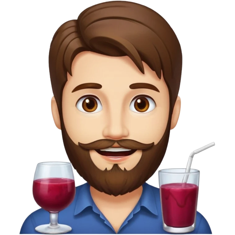 bust man long brown hair brown eyes medium beard white skin with berry juice stained lips grin emoji