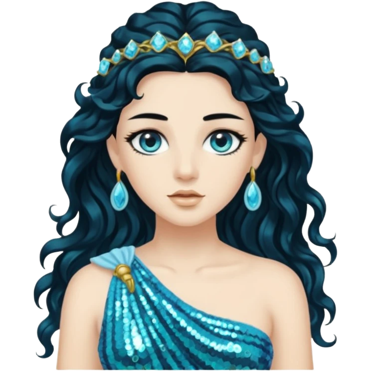 Salacia, Goddess of Seawater from Roman Deities with long jet black wavy hair, aquamarine sequin toga  emoji