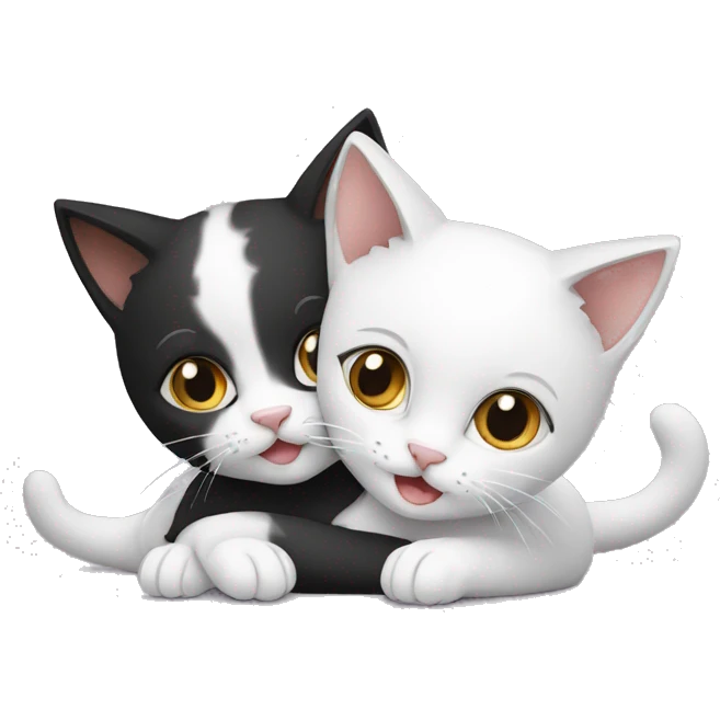 Two cats playing together, one white and the other black emoji