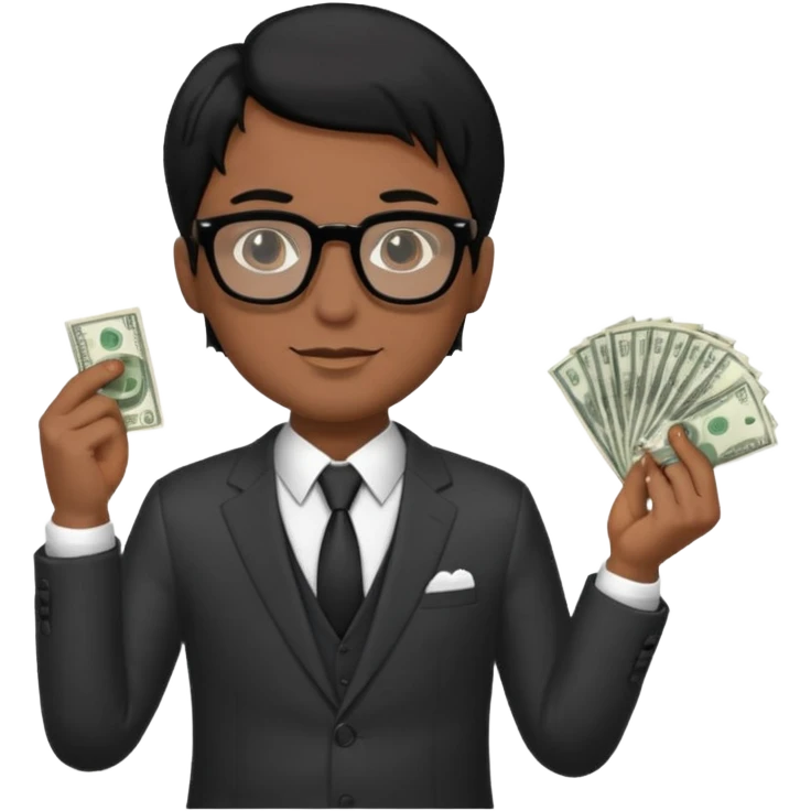 Rich man holding money with his left hand, wearing suit and glasses black hair, brown skin emoji