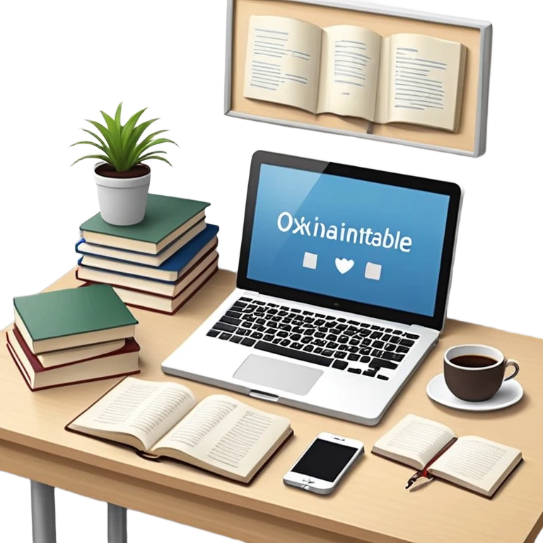 Computer on a desk with scattered books and notebooks and text "Ожидайте пользователь, делает все через AI" emoji