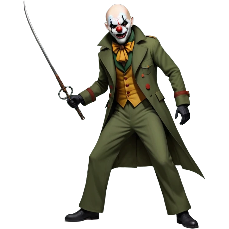 evil clown, bald, small black horns on forehead, fangs, pointed ears, eye patch over one eye, long coat over black and military green leisure suit with bellbottom pants, tail, holding an Indiana Jones-style whip, realistically proportioned, less bulky, full body, battle-ready, fighting posture emoji