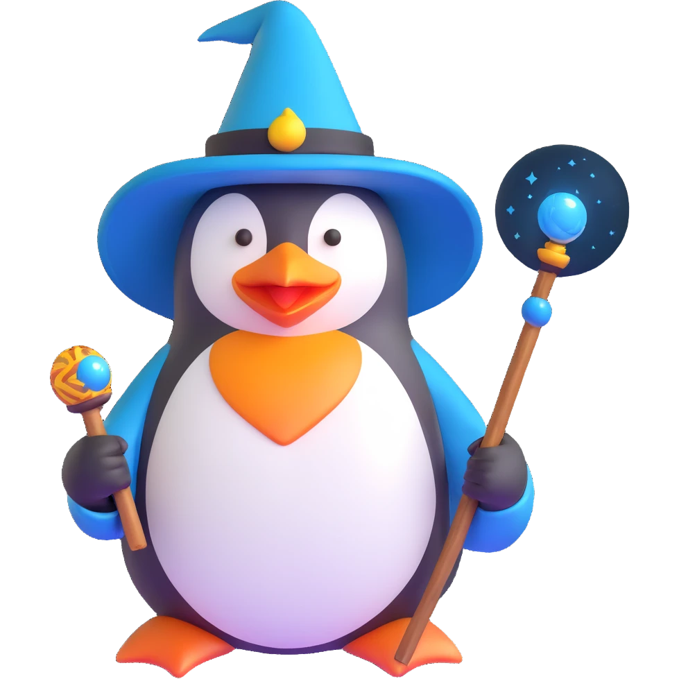 penguin wizard with magic staff and wizard hat emoji