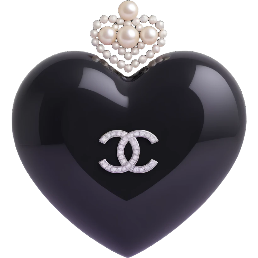 Add a diamond accent to the glossy black heart with pearls and silver Chanel logo, keep the background transparent, elegant, black and white color scheme, 3D emoji style. emoji