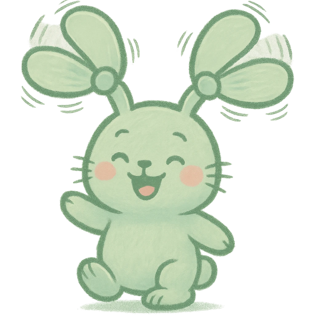pastel green bunny with fan blades for ears, spinning, cheerful expression, full-body emoji