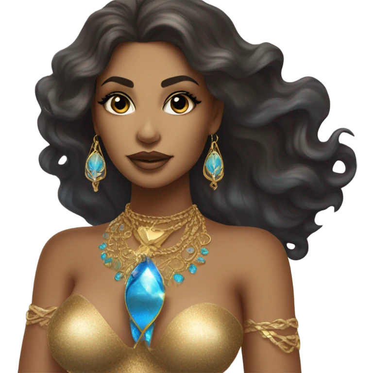 Divine feminine luxurious, sensual mermaid siren, bronze tan famous singer dark hair gold jewelry blue jewelry 9th dimension  emoji