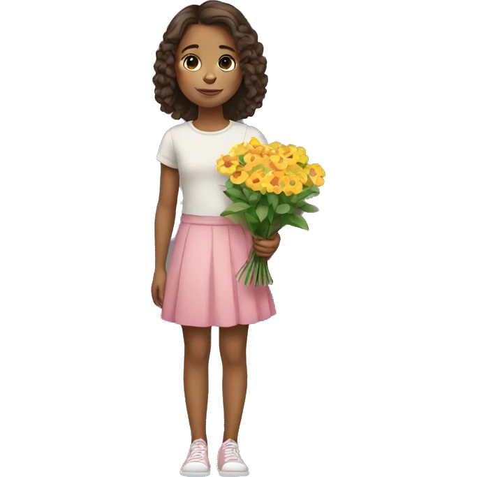 a young girl stands and holds flowers emoji
