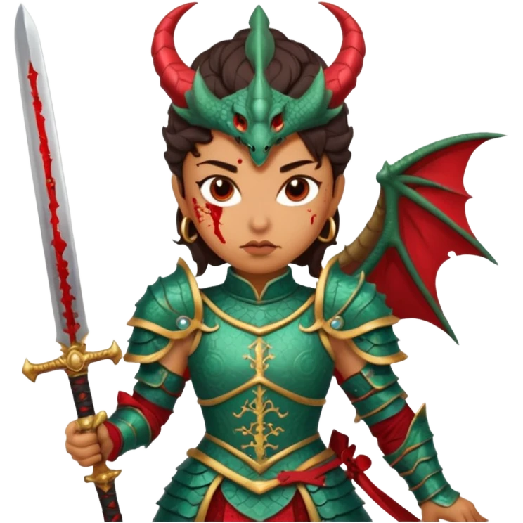 Fierce Latina in armor with a sword after a battle cutting off the head of a dragon emoji
