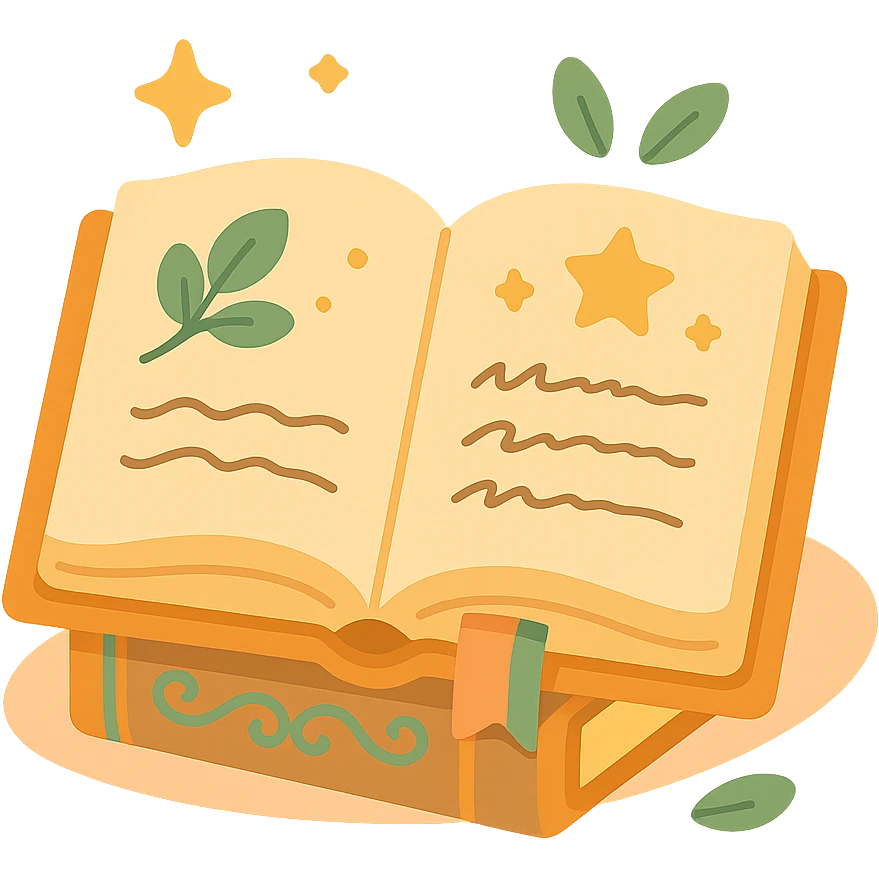 A cute open book lying on a cozy surface, designed in a soft and magical color palette: golden orange (FA9B41), deep forest green (4A7C5C), warm taupe brown (96775A), and pastel peach (FFCC9A). The pages are slightly aged with gentle curves, featuring whimsical illustrations, tiny stars, and elegant handwritten text. The book cover, visible beneath the open pages, has decorative patterns and a ribbon bookmark in peach and green tones. Around the book, add soft light, a few leaves, or glowing sparkles, creating a dreamy, enchanted, storybook-like atmosphere. The overall mood is warm, magical, and gentle emoji