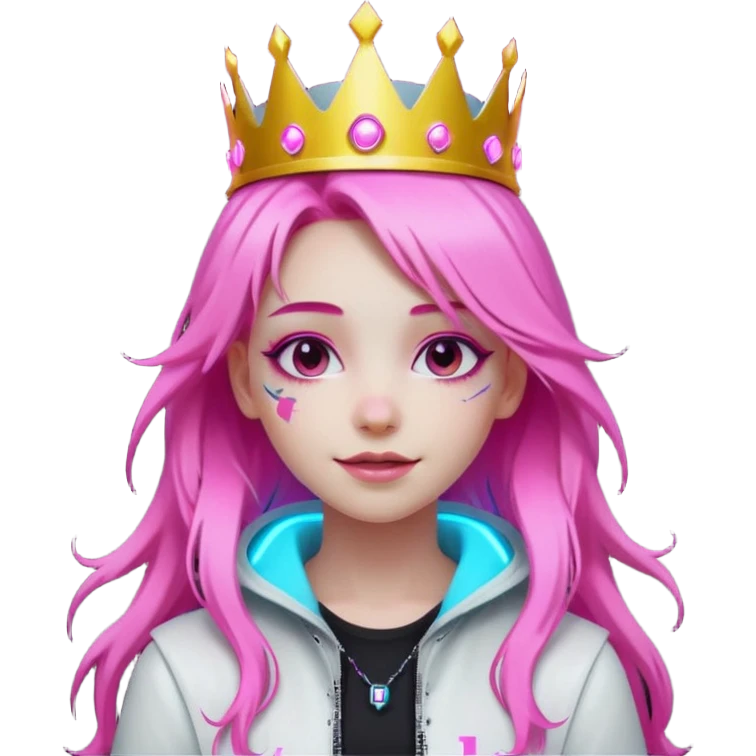 girl neon cyberpunk light pink happy long hair crown white and pink emoji