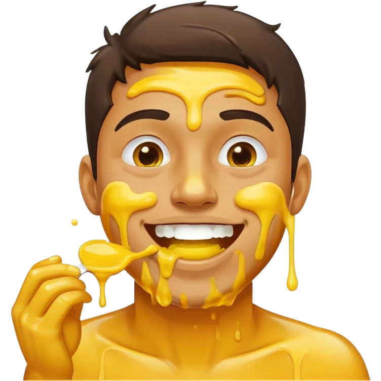 man who’s eating yellow liquid and it’s smeared all over his mouth and face and he’s smiling emoji