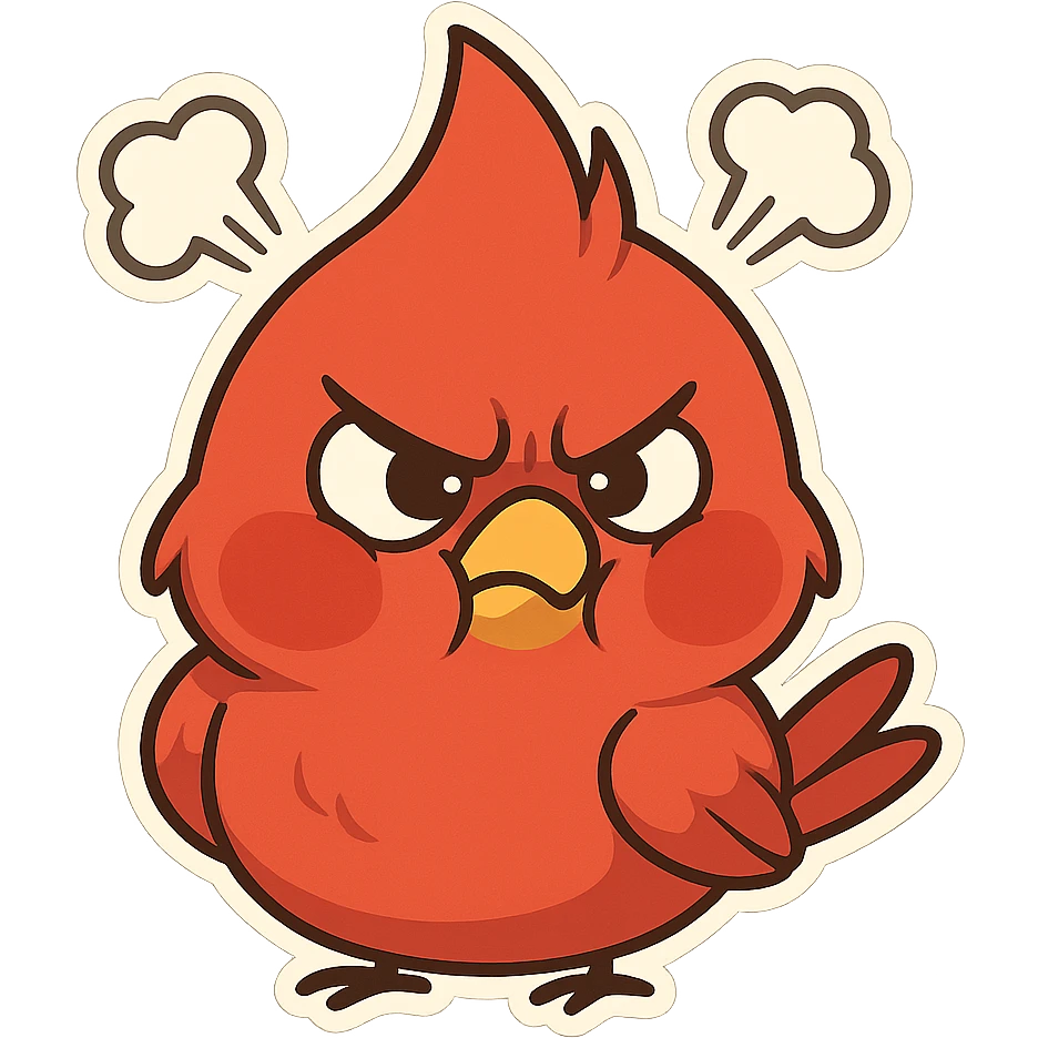Chibi red male cardinal frowning with puffed cheeks and furrowed brows, steam puffs above head, angry but cute emoji. emoji