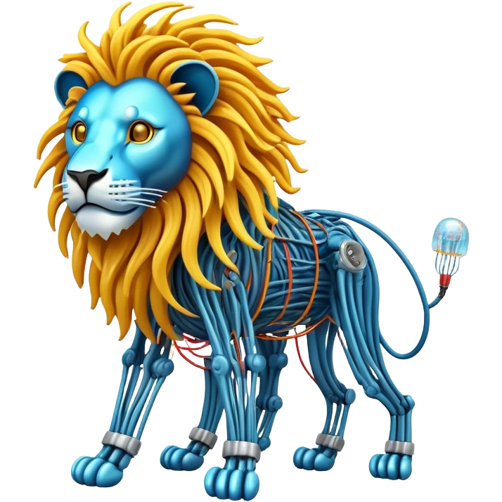 A high-tech lion made of electric wires and cables with rubber scales that reveal its electric skeleton, possessing both jellyfish-like tendrils and the ability to generate electrical pulses that illuminate the ocean depths. emoji