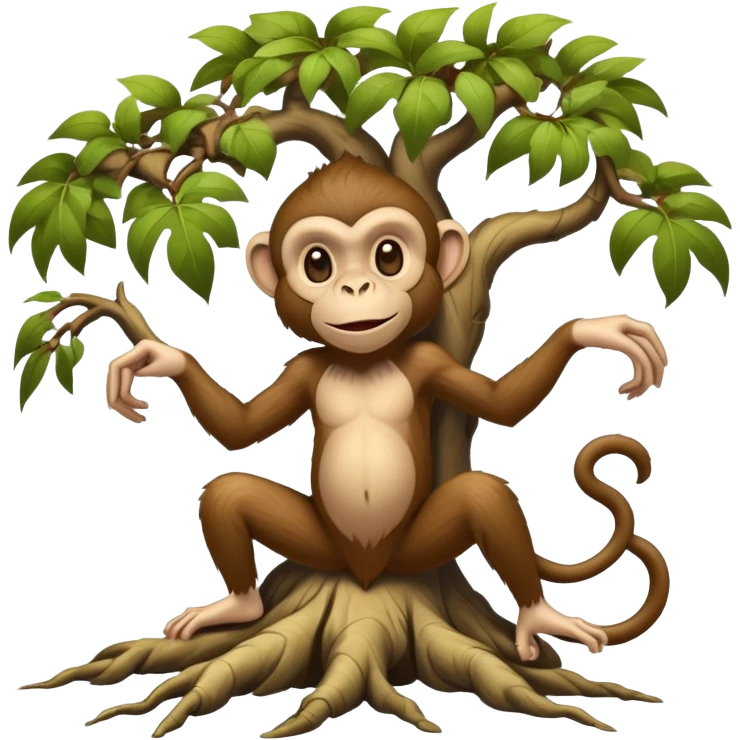 A mythical being standing on human feet with gnarly tree roots for legs and a playful monkey face emoji