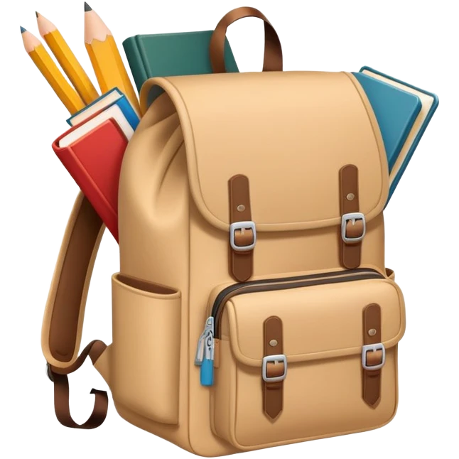 hands placing books and pencils into a backpack, simple and friendly emoji