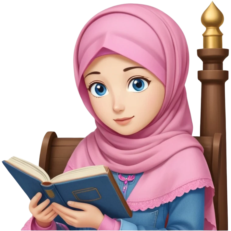 Turkish beautiful finish Konya girl blue eyes with denim and pink hijab islamic dress and reading cozy emoji