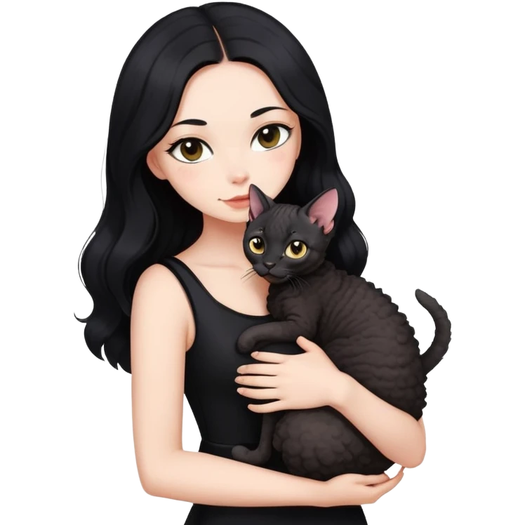 Long black hair beautiful girl wearing a tight hug a Devon Rex emoji