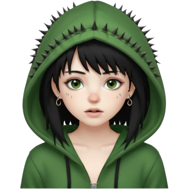 girl with black long layered hair with wispy bangs, pale skin, full body nude, freckles on nose, dark nude colored lipliner, fluffy lashes, green hooded eyes, black spiky septum ring, eyebrow piercing, blush, thin black eyebrows, nude, sexy body, ass and boobs emoji