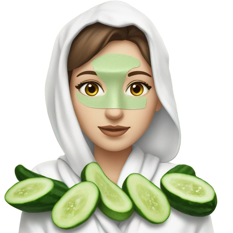 White girl with Brown hair and blue eyes wears a Green clay colored skincare textured mask and puts on cucumbers around her eyes while She relaxes in her white Robe emoji