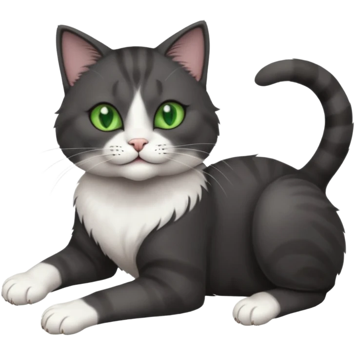 beautiful female solid dark grey cat with green eyes, white toes/paws and white patch on her chest rolling upside down emoji