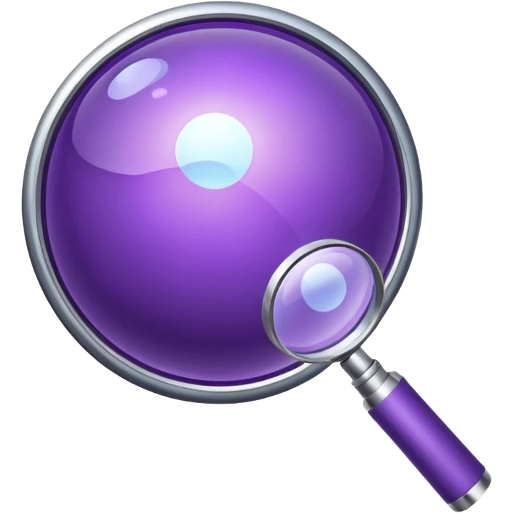 Minimal glossy purple icon of a network planet with a magnifying glass. emoji