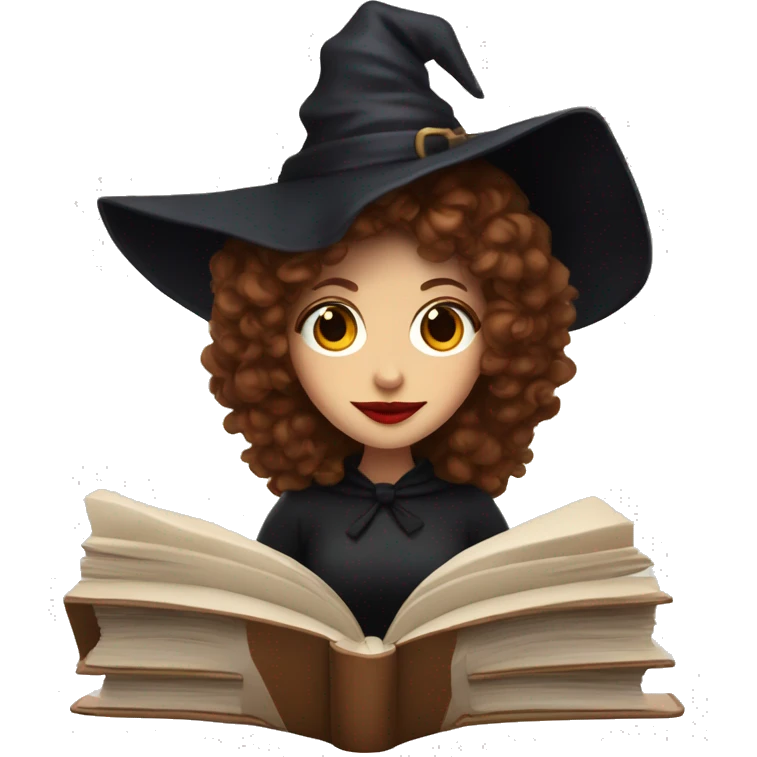 a witch with red lips, brown curly hair to the shoulders reading a book emoji