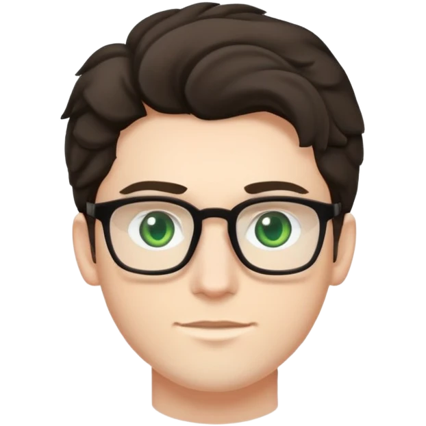 young man with pale skin, dark tall voluminous slightly wavy hair styled up high on head but not curly, wearing glasses with green eyes and very light stubble, with a slight smile emoji