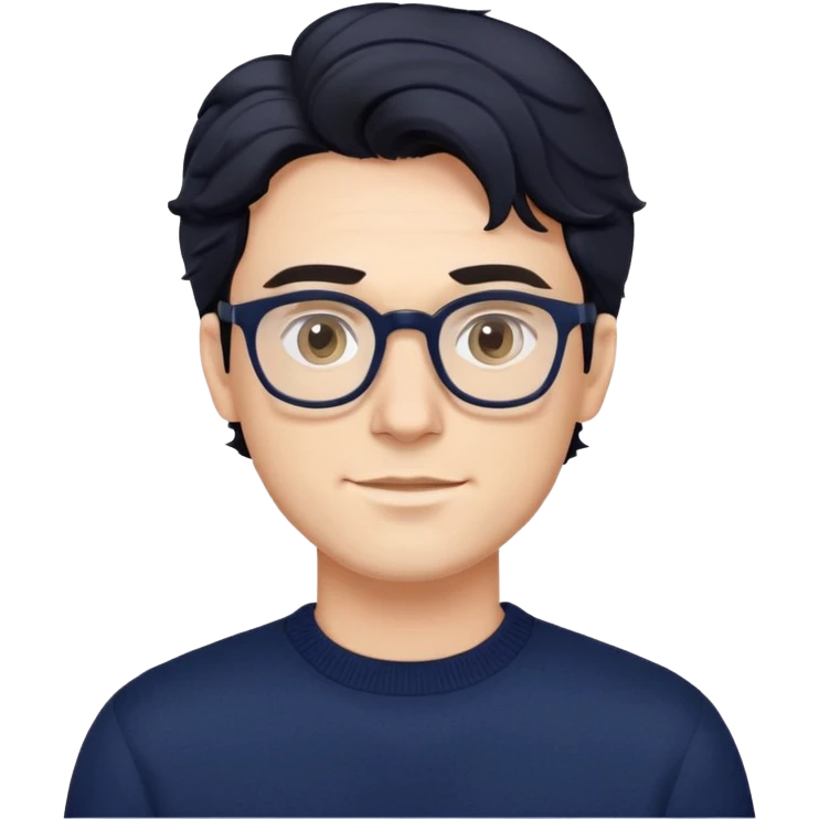 Caucasian male with wavy black hair wearing eyeglasses and a dark navy blue long sleeve pullover sweater emoji