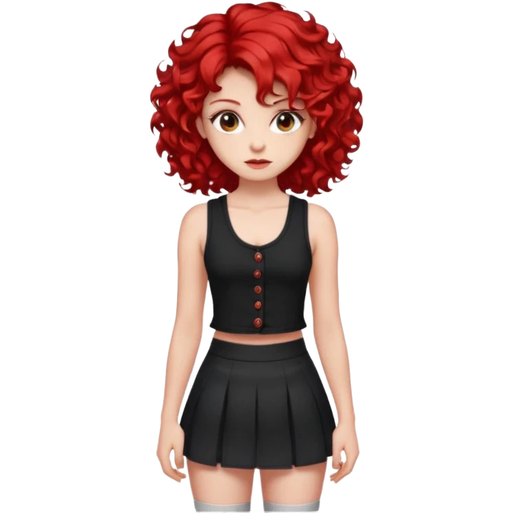 red haired girl with 2 big curls on the sides of her hair with a button up black tank top with red accents and a short skirt with red end emoji