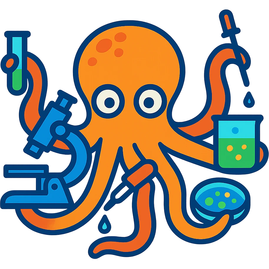 an octopus doing labwork, each tentacle holding a different science tool, vibrant, playful, clear details emoji