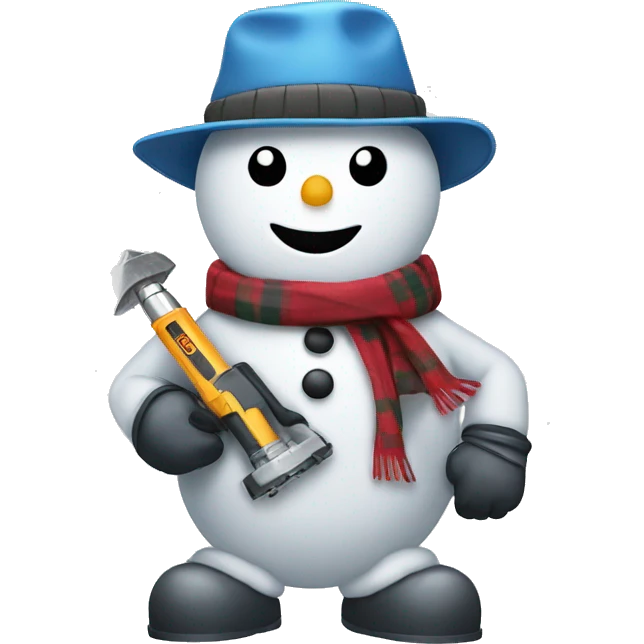 snowman with hat and scarf holding a powertool emoji