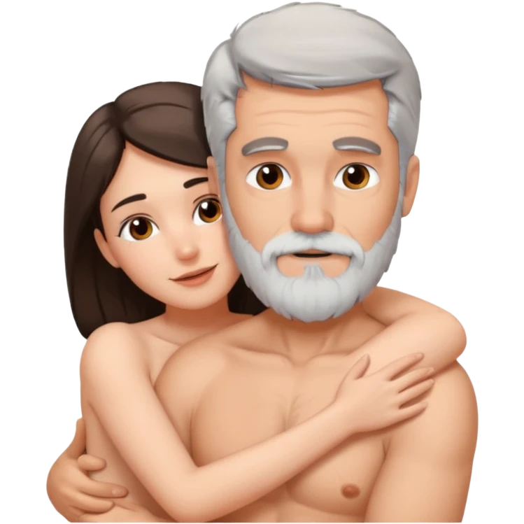 Grey haired bearded man, and pretty brunette woman cuddling naked emoji