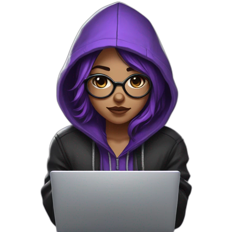 Girl broun artist with round glasses left side behind his laptop with this style: valorant riot Game purple character purple black hooded hacker themed character emoji