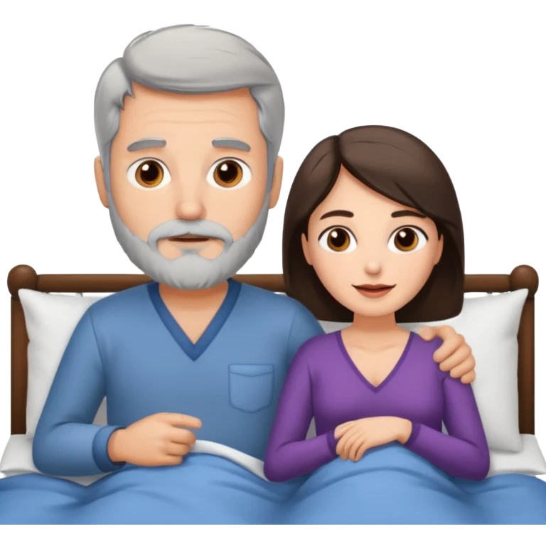 Grey haired man with beard, and brunette woman in bed  emoji