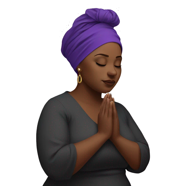 Dark Plus size woman praying with purple head wrap   emoji