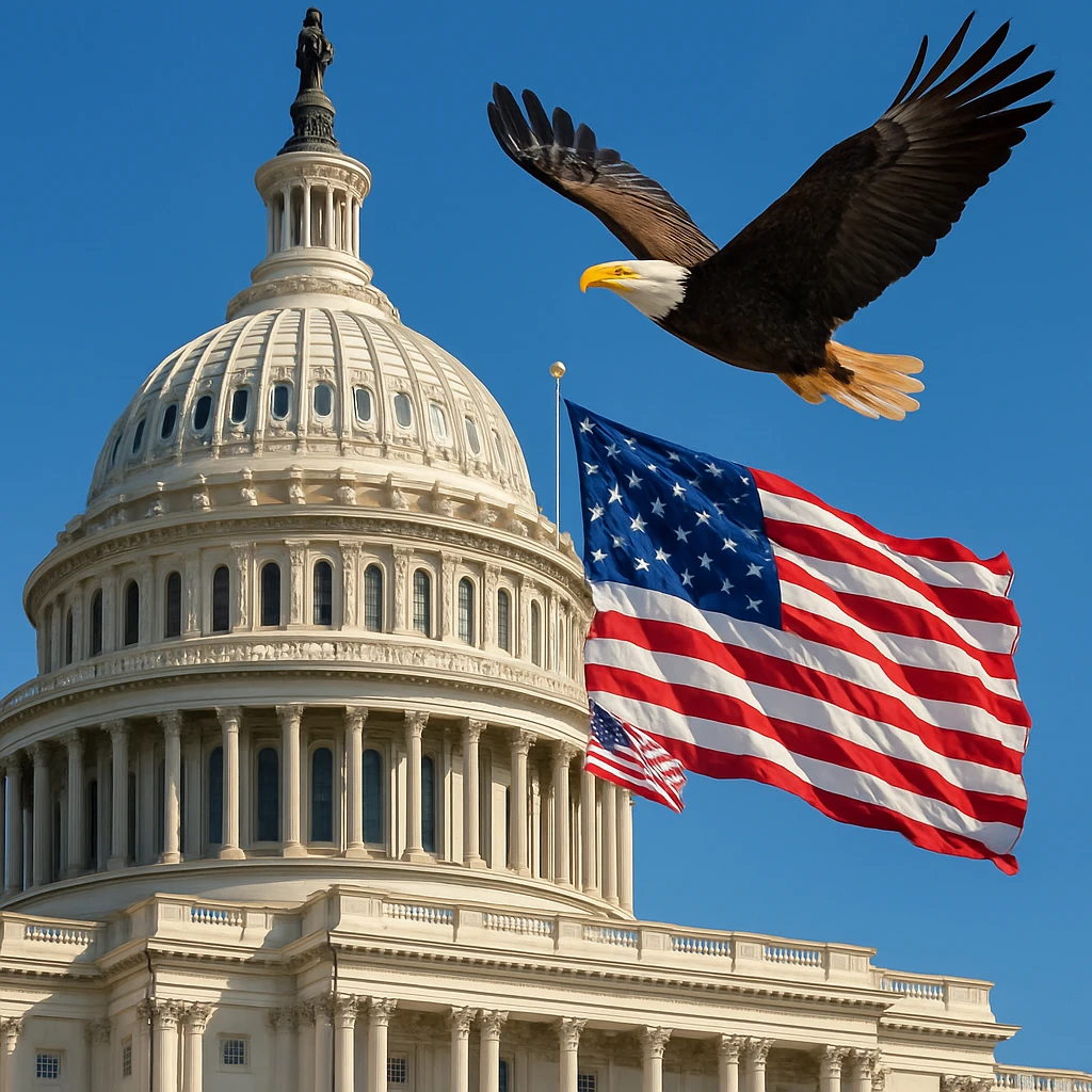 the US Capitol building with the American flag in the background and an eagle flying overhead, detailed and patriotic emoji
