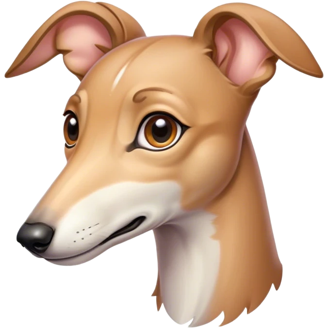Cinematic Cute Fawn Greyhound Portrait Emoji, Head tilted playfully and inquisitively, featuring a sleek fawn Fur with a gentle sheen, round, sparkling eyes filled with curiosity, Simplified yet irresistibly adorable features, highly detailed, glowing with a warm, friendly glow, high shine, affectionate and nimble, stylized with a touch of whimsy, bright and endearing, soft glowing outline, capturing the essence of a mischievous yet loving racer, so playful it feels like it could sprint out of the screen and into your arms! emoji