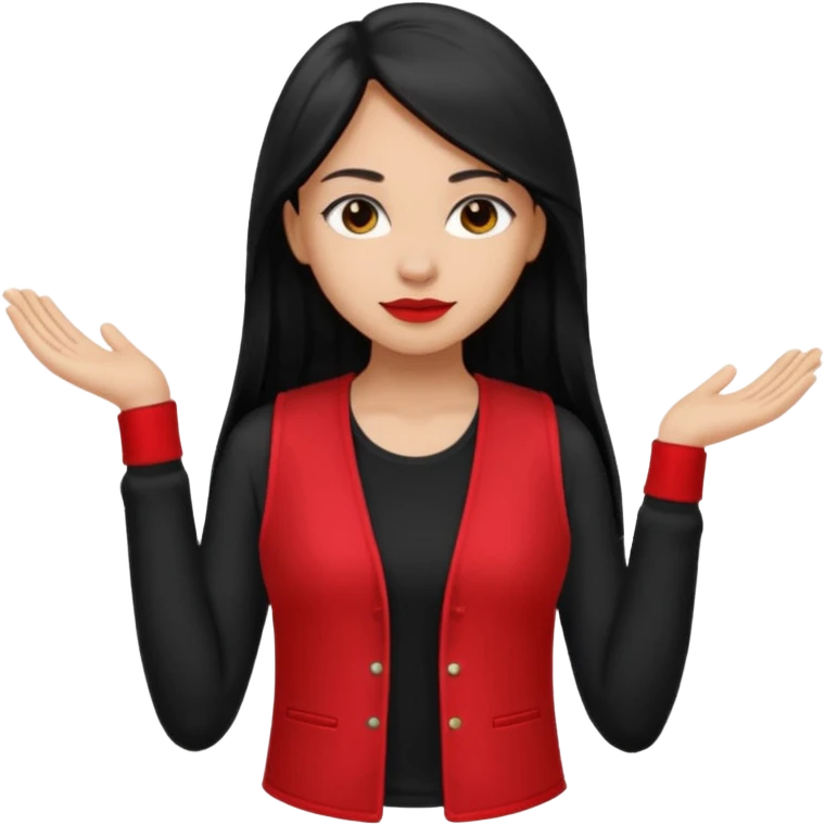 Girl with long light black straight hair and black vest and she is holding a red long-sleeved shirt from her own brand emoji