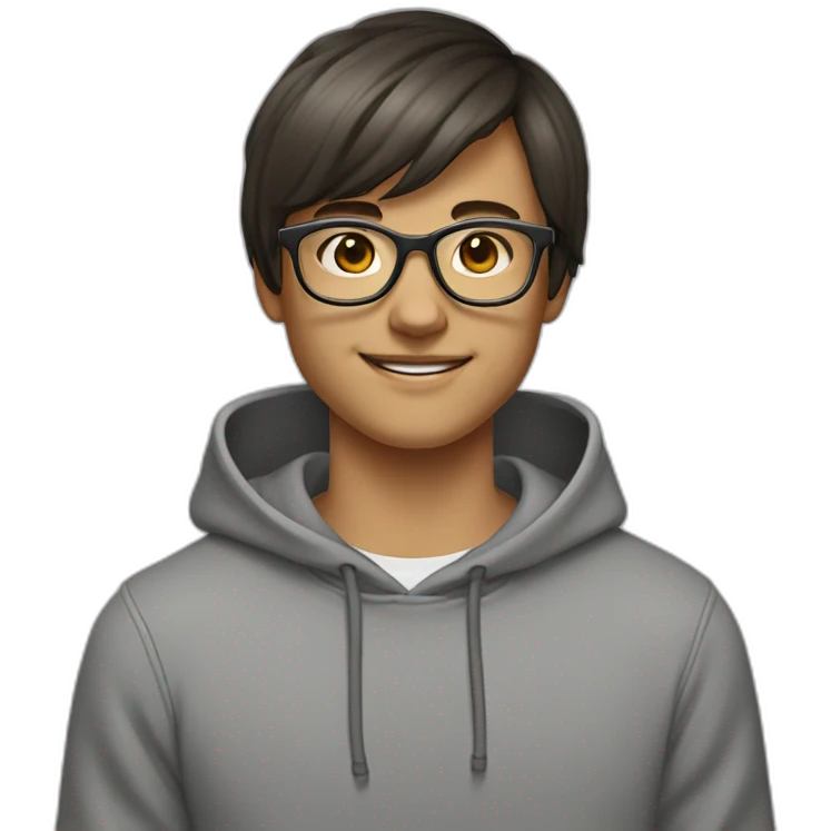 teenager with short dark brown shoulder length hair and bangs and glasses smiling winking gray hoodie emoji
