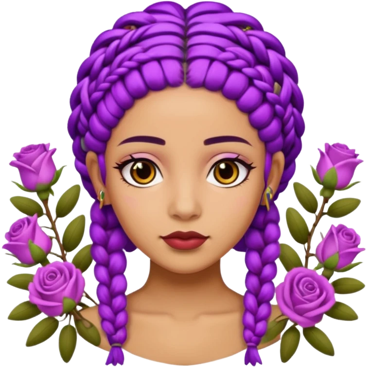 Olive skin queen with purple braids, brown eyes surrounded by roses emoji