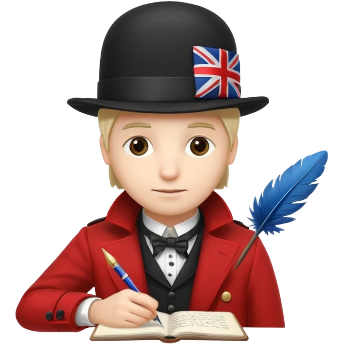 someone who is writing with a feather on a notebook, with an UK flag in the background emoji